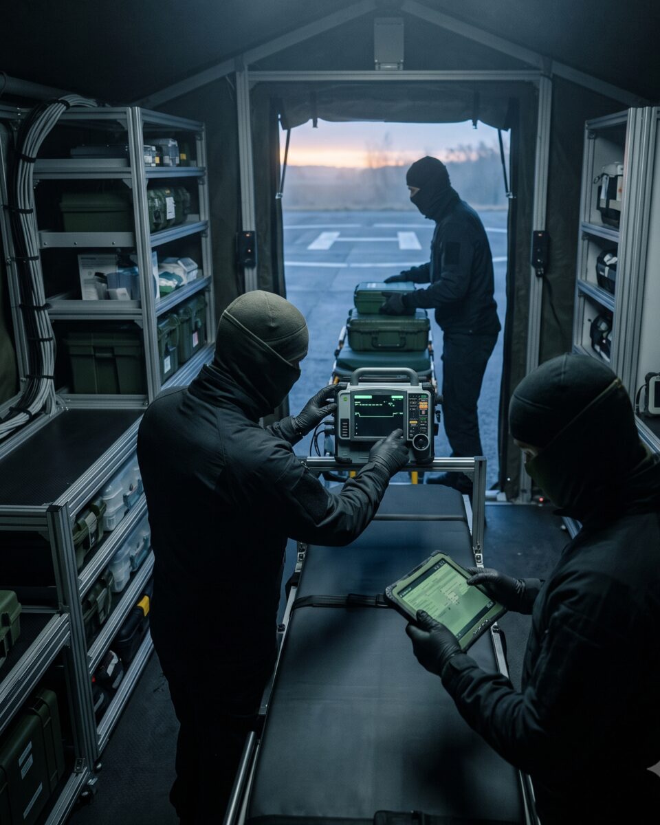 Medical team preparing monitoring equipment inside a forward medical shelter at dawn