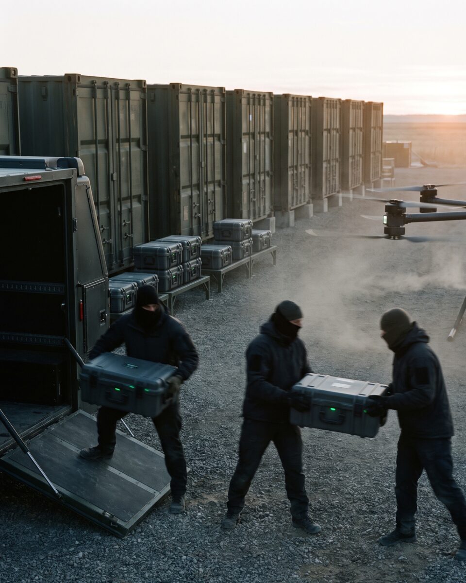 Supply team passing rigged medical cases from a vehicle toward a cargo drone at first light