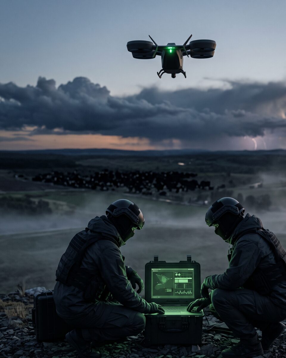 Communications team operating a relay drone as an airborne network node above a blacked-out valley